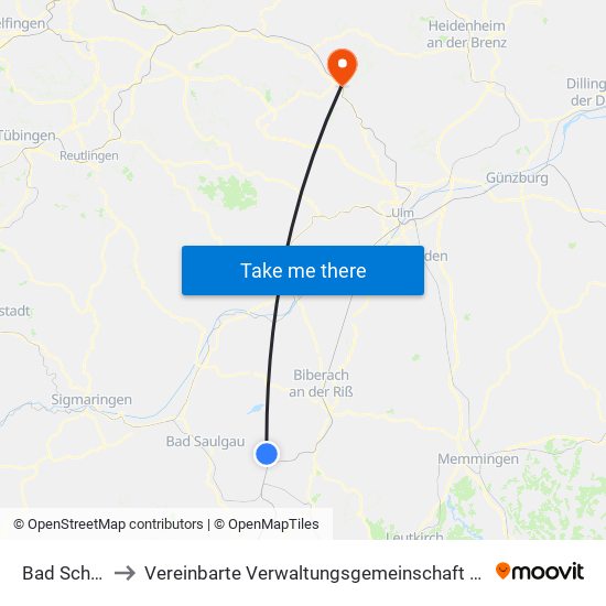 Bad Schussenried to Vereinbarte Verwaltungsgemeinschaft Der Stadt Geislingen An Der Steige map