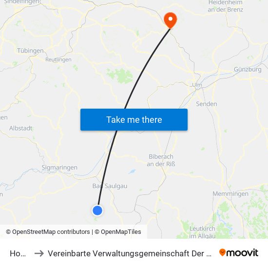 Hoßkirch to Vereinbarte Verwaltungsgemeinschaft Der Stadt Geislingen An Der Steige map