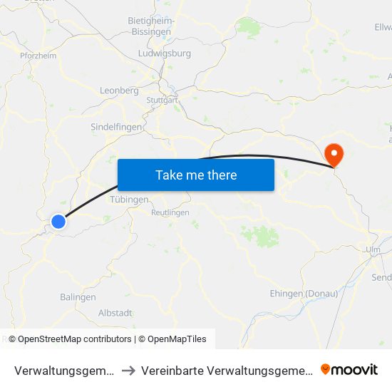 Verwaltungsgemeinschaft Horb am Neckar to Vereinbarte Verwaltungsgemeinschaft Der Stadt Geislingen An Der Steige map