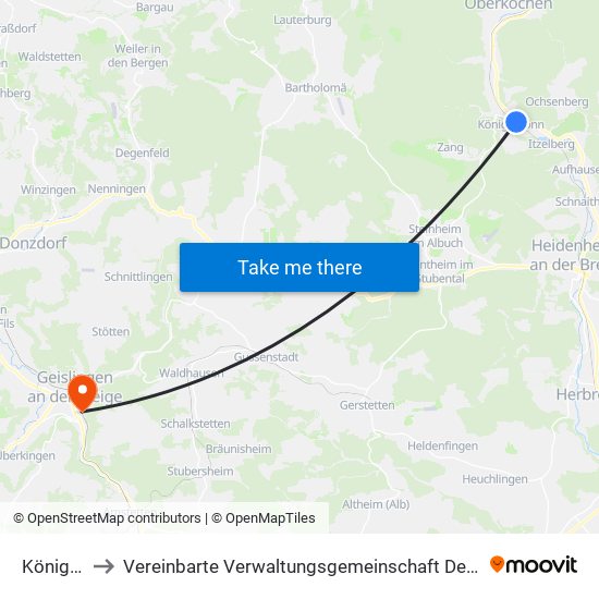 Königsbronn to Vereinbarte Verwaltungsgemeinschaft Der Stadt Geislingen An Der Steige map