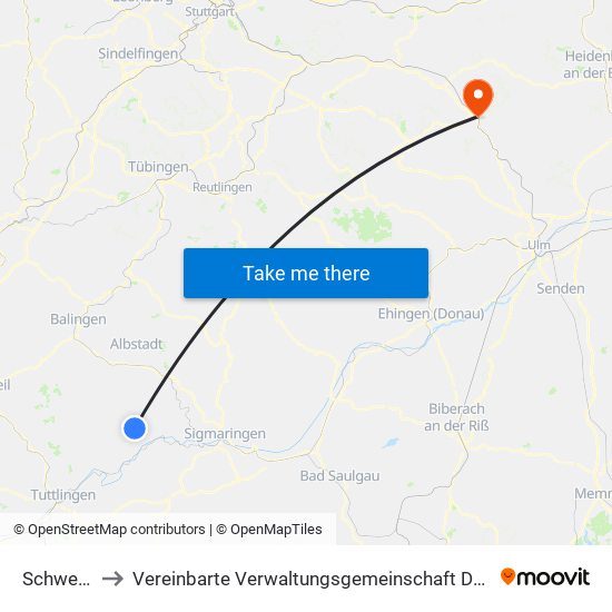 Schwenningen to Vereinbarte Verwaltungsgemeinschaft Der Stadt Geislingen An Der Steige map