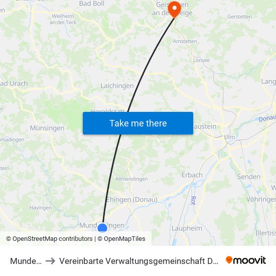 Munderkingen to Vereinbarte Verwaltungsgemeinschaft Der Stadt Geislingen An Der Steige map