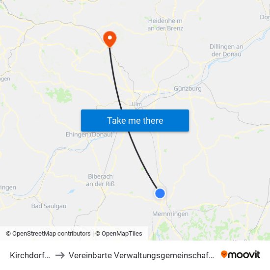 Kirchdorf An Der Iller to Vereinbarte Verwaltungsgemeinschaft Der Stadt Geislingen An Der Steige map