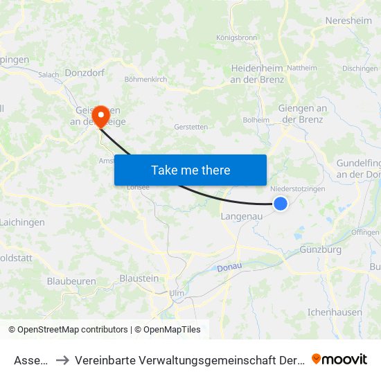 Asselfingen to Vereinbarte Verwaltungsgemeinschaft Der Stadt Geislingen An Der Steige map