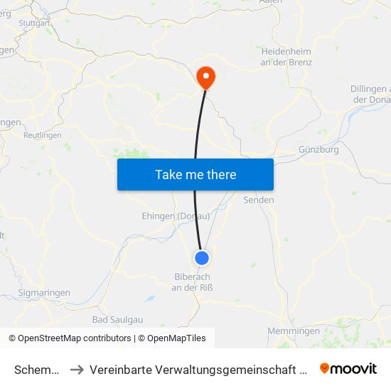 Schemmerhofen to Vereinbarte Verwaltungsgemeinschaft Der Stadt Geislingen An Der Steige map