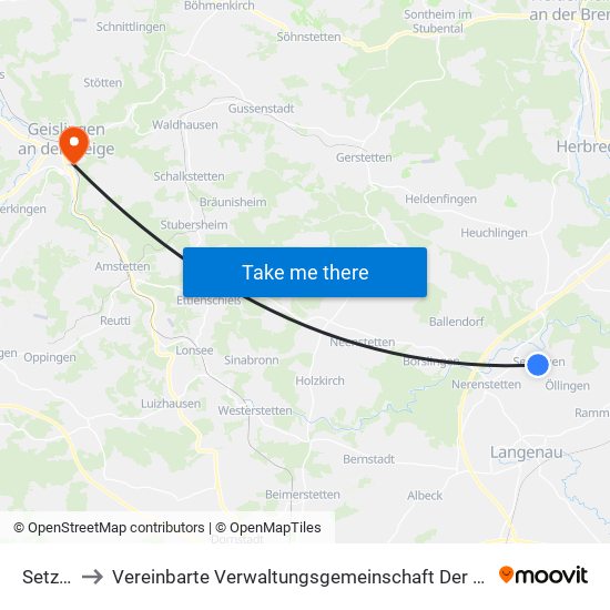 Setzingen to Vereinbarte Verwaltungsgemeinschaft Der Stadt Geislingen An Der Steige map