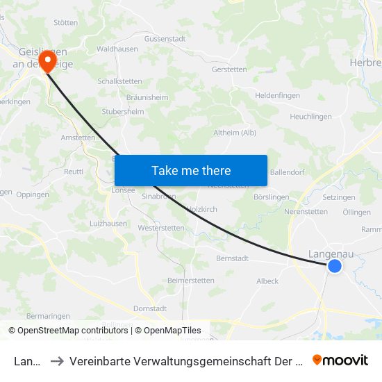 Langenau to Vereinbarte Verwaltungsgemeinschaft Der Stadt Geislingen An Der Steige map