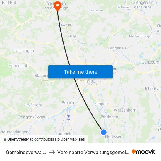 Gemeindeverwaltungsverband Dietenheim to Vereinbarte Verwaltungsgemeinschaft Der Stadt Geislingen An Der Steige map