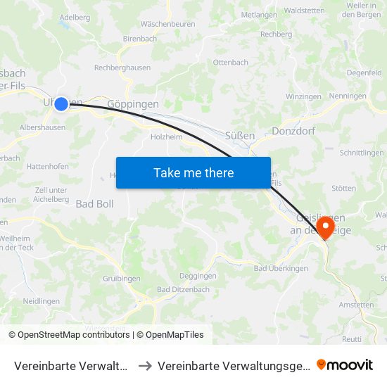 Vereinbarte Verwaltungsgemeinschaft Der Stadt Uhingen to Vereinbarte Verwaltungsgemeinschaft Der Stadt Geislingen An Der Steige map