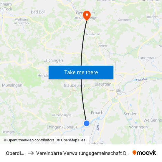 Oberdischingen to Vereinbarte Verwaltungsgemeinschaft Der Stadt Geislingen An Der Steige map