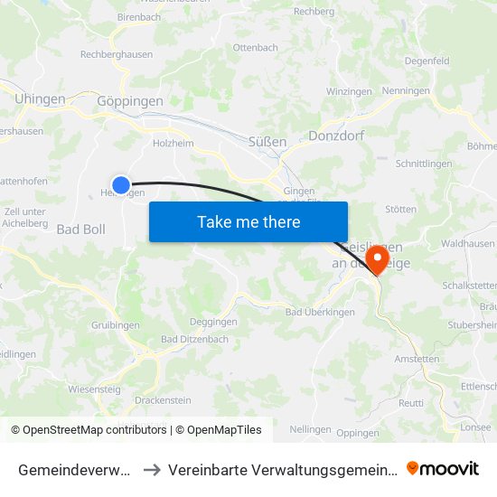 Gemeindeverwaltungsverband Voralb to Vereinbarte Verwaltungsgemeinschaft Der Stadt Geislingen An Der Steige map
