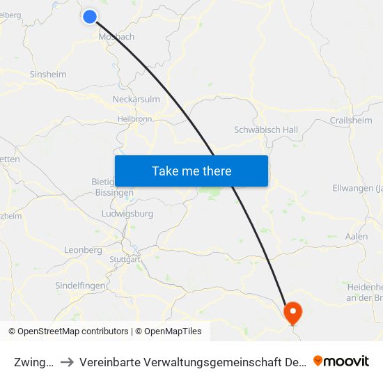 Zwingenberg to Vereinbarte Verwaltungsgemeinschaft Der Stadt Geislingen An Der Steige map