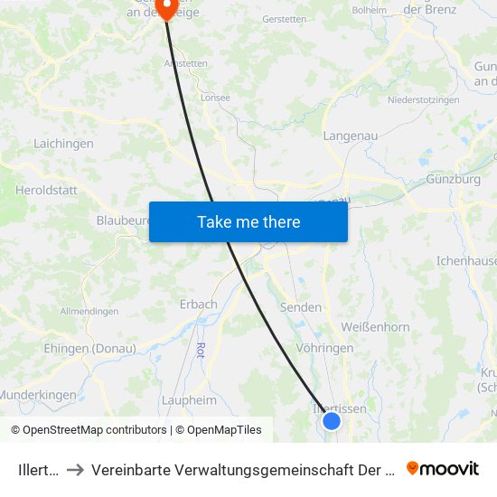 Illertissen to Vereinbarte Verwaltungsgemeinschaft Der Stadt Geislingen An Der Steige map
