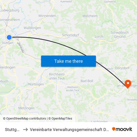 Stuttgart-Nord to Vereinbarte Verwaltungsgemeinschaft Der Stadt Geislingen An Der Steige map