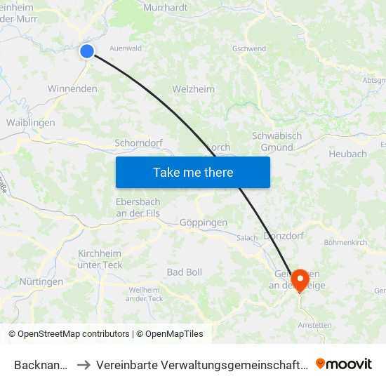 Backnang-Maubach to Vereinbarte Verwaltungsgemeinschaft Der Stadt Geislingen An Der Steige map