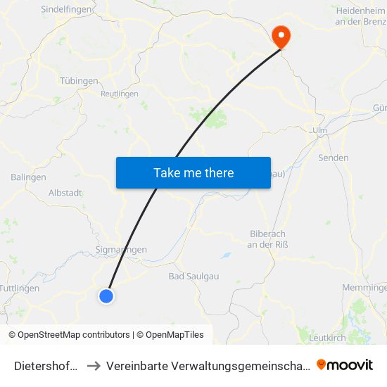 Dietershofen (Meßkirch) to Vereinbarte Verwaltungsgemeinschaft Der Stadt Geislingen An Der Steige map