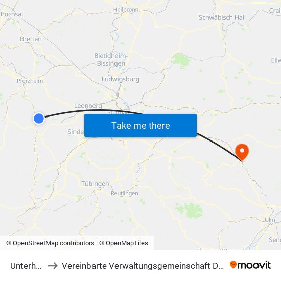 Unterhaugstett to Vereinbarte Verwaltungsgemeinschaft Der Stadt Geislingen An Der Steige map