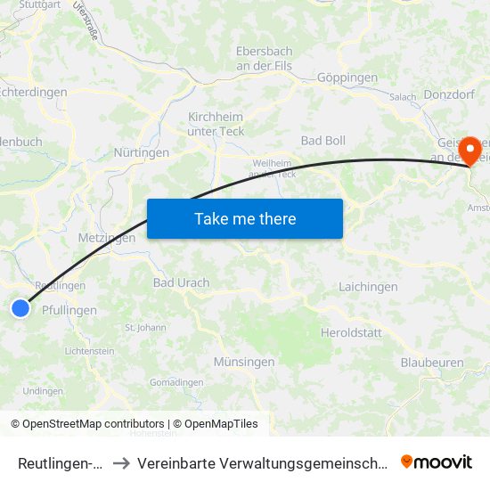 Reutlingen-Ohmenhausen to Vereinbarte Verwaltungsgemeinschaft Der Stadt Geislingen An Der Steige map