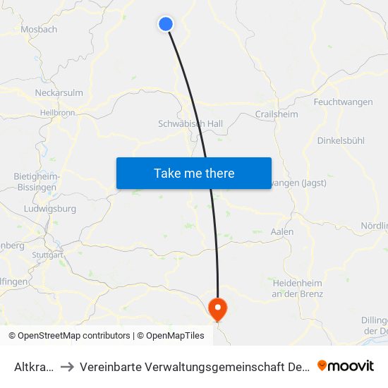 Altkrautheim to Vereinbarte Verwaltungsgemeinschaft Der Stadt Geislingen An Der Steige map