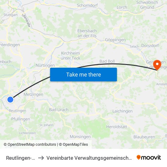 Reutlingen-Sickenhausen to Vereinbarte Verwaltungsgemeinschaft Der Stadt Geislingen An Der Steige map