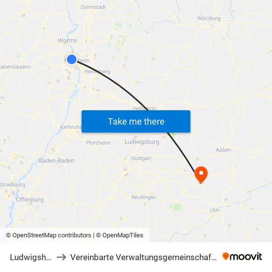 Ludwigshafen-Oppau to Vereinbarte Verwaltungsgemeinschaft Der Stadt Geislingen An Der Steige map