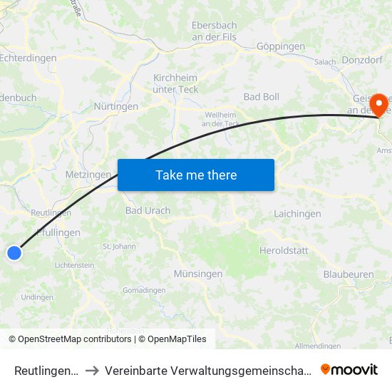 Reutlingen-Bronnweiler to Vereinbarte Verwaltungsgemeinschaft Der Stadt Geislingen An Der Steige map