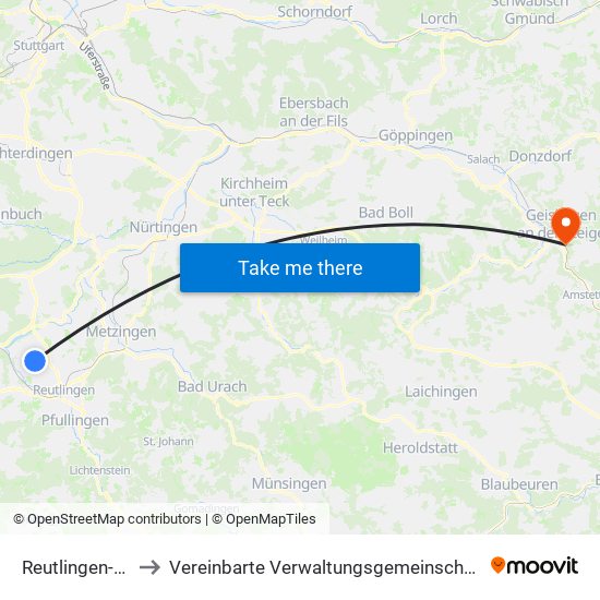 Reutlingen-Degerschlacht to Vereinbarte Verwaltungsgemeinschaft Der Stadt Geislingen An Der Steige map