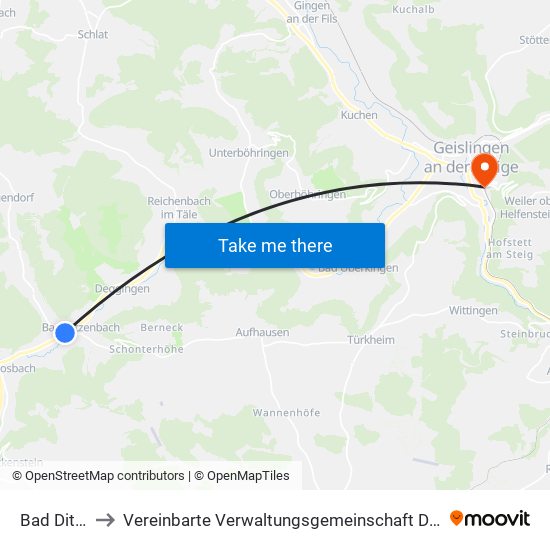 Bad Ditzenbach to Vereinbarte Verwaltungsgemeinschaft Der Stadt Geislingen An Der Steige map