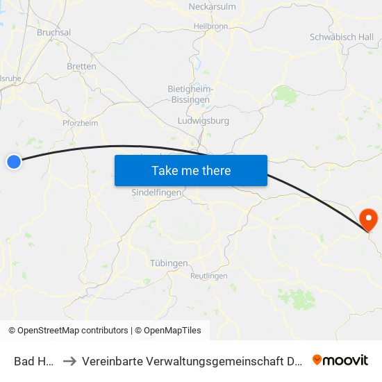 Bad Herrenalb to Vereinbarte Verwaltungsgemeinschaft Der Stadt Geislingen An Der Steige map