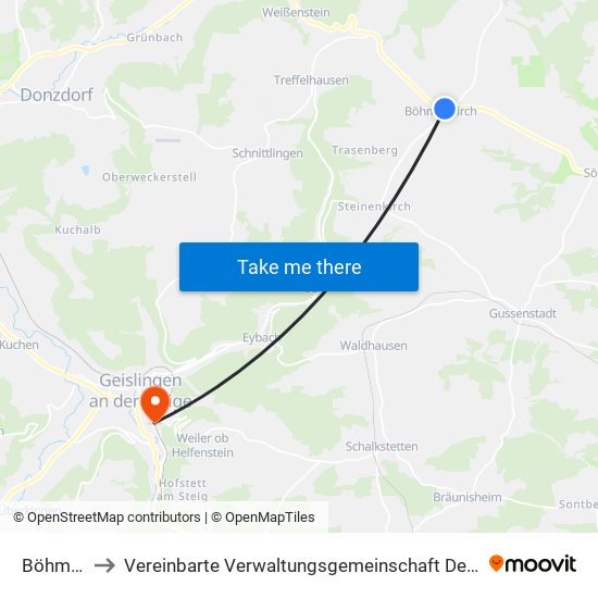 Böhmenkirch to Vereinbarte Verwaltungsgemeinschaft Der Stadt Geislingen An Der Steige map