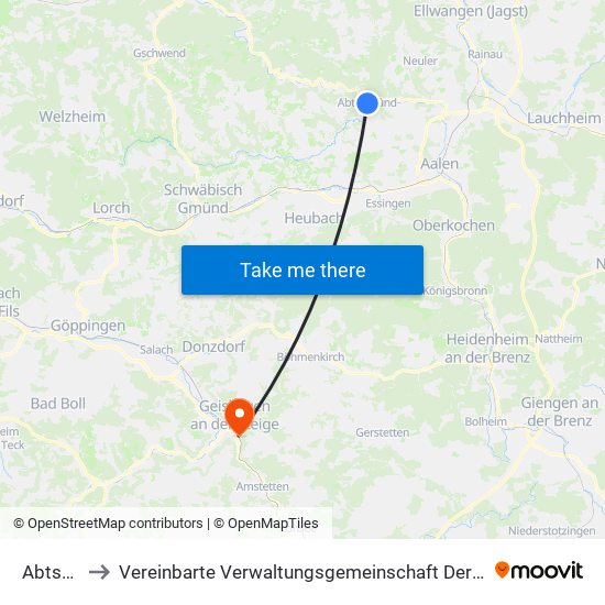 Abtsgmünd to Vereinbarte Verwaltungsgemeinschaft Der Stadt Geislingen An Der Steige map