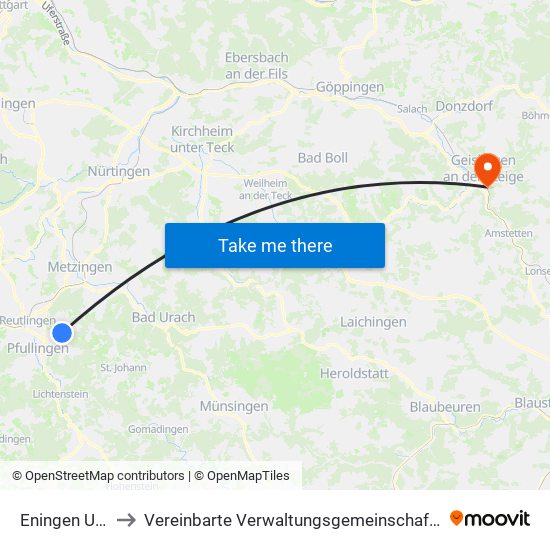 Eningen Unter Achalm to Vereinbarte Verwaltungsgemeinschaft Der Stadt Geislingen An Der Steige map