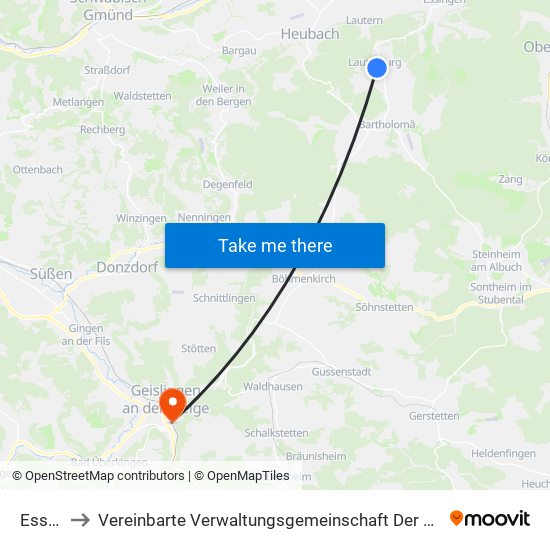 Essingen to Vereinbarte Verwaltungsgemeinschaft Der Stadt Geislingen An Der Steige map