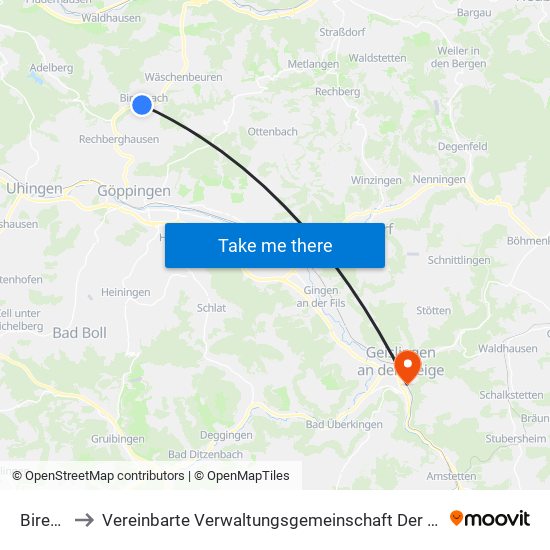 Birenbach to Vereinbarte Verwaltungsgemeinschaft Der Stadt Geislingen An Der Steige map