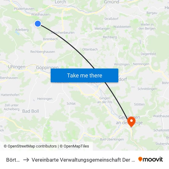 Börtlingen to Vereinbarte Verwaltungsgemeinschaft Der Stadt Geislingen An Der Steige map