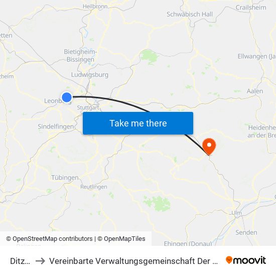 Ditzingen to Vereinbarte Verwaltungsgemeinschaft Der Stadt Geislingen An Der Steige map