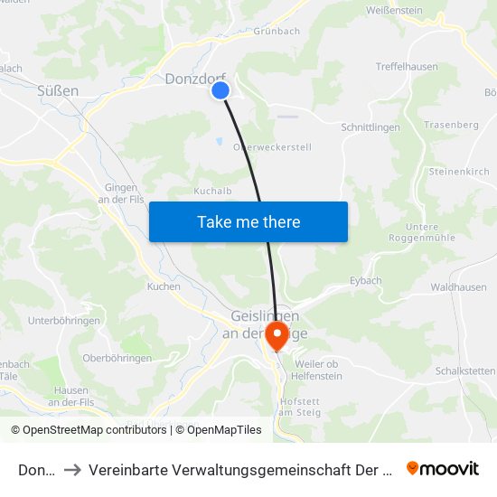 Donzdorf to Vereinbarte Verwaltungsgemeinschaft Der Stadt Geislingen An Der Steige map