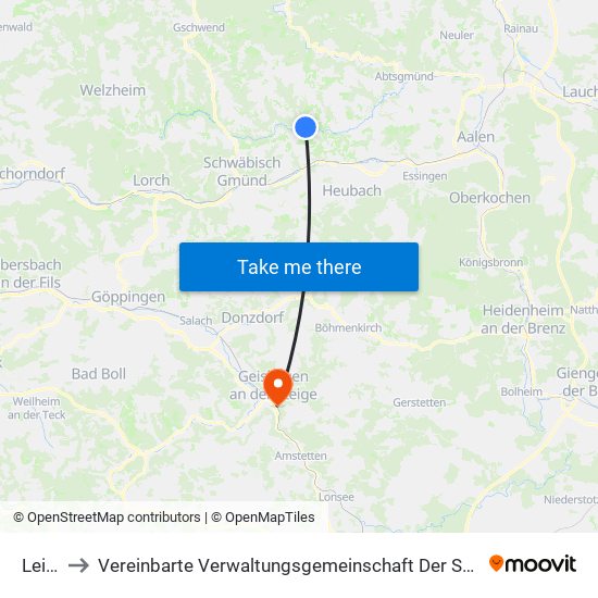 Leinzell to Vereinbarte Verwaltungsgemeinschaft Der Stadt Geislingen An Der Steige map