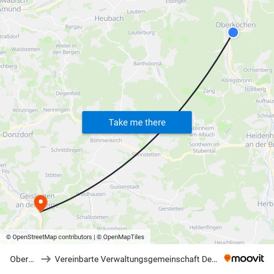 Oberkochen to Vereinbarte Verwaltungsgemeinschaft Der Stadt Geislingen An Der Steige map