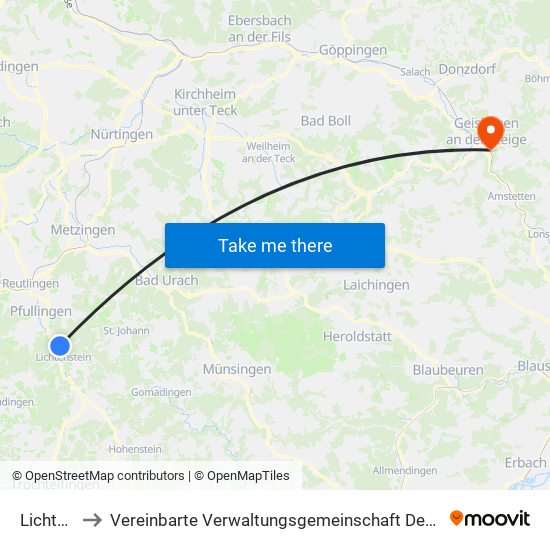 Lichtenstein to Vereinbarte Verwaltungsgemeinschaft Der Stadt Geislingen An Der Steige map