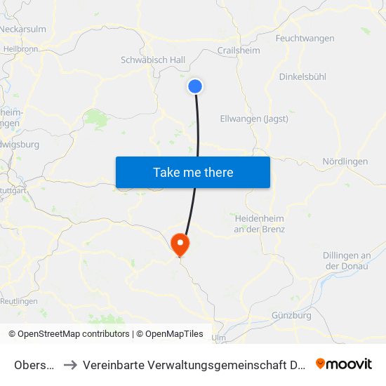 Obersontheim to Vereinbarte Verwaltungsgemeinschaft Der Stadt Geislingen An Der Steige map