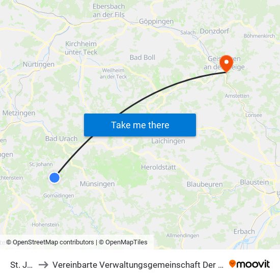 St. Johann to Vereinbarte Verwaltungsgemeinschaft Der Stadt Geislingen An Der Steige map