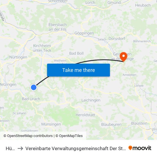 Hülben to Vereinbarte Verwaltungsgemeinschaft Der Stadt Geislingen An Der Steige map