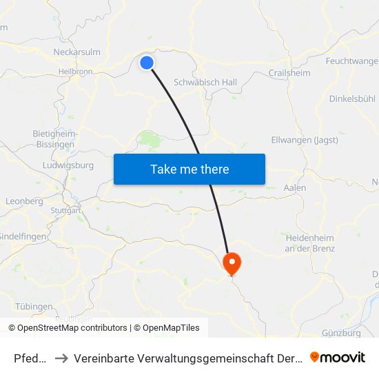 Pfedelbach to Vereinbarte Verwaltungsgemeinschaft Der Stadt Geislingen An Der Steige map