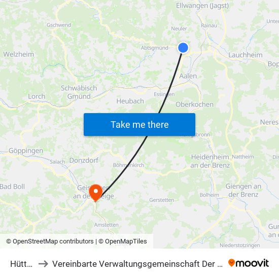 Hüttlingen to Vereinbarte Verwaltungsgemeinschaft Der Stadt Geislingen An Der Steige map