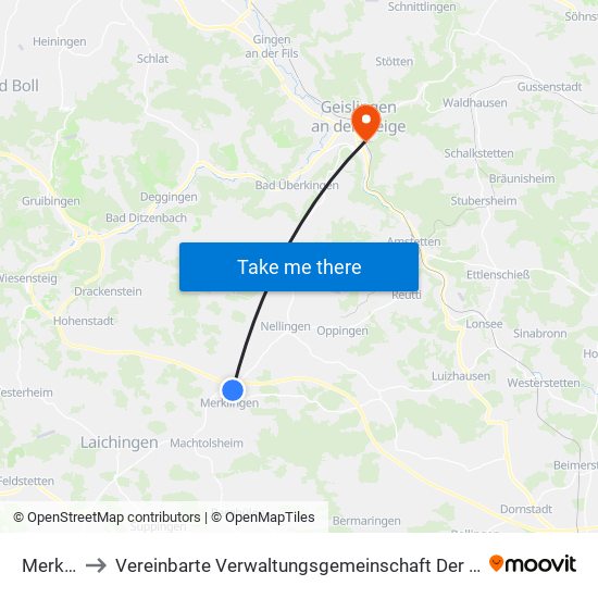 Merklingen to Vereinbarte Verwaltungsgemeinschaft Der Stadt Geislingen An Der Steige map