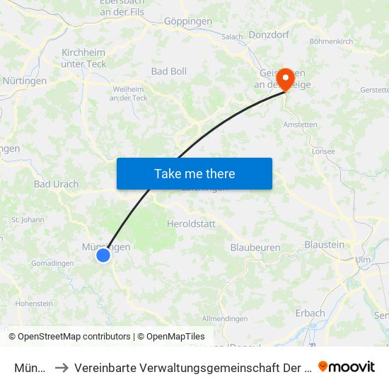 Münsingen to Vereinbarte Verwaltungsgemeinschaft Der Stadt Geislingen An Der Steige map
