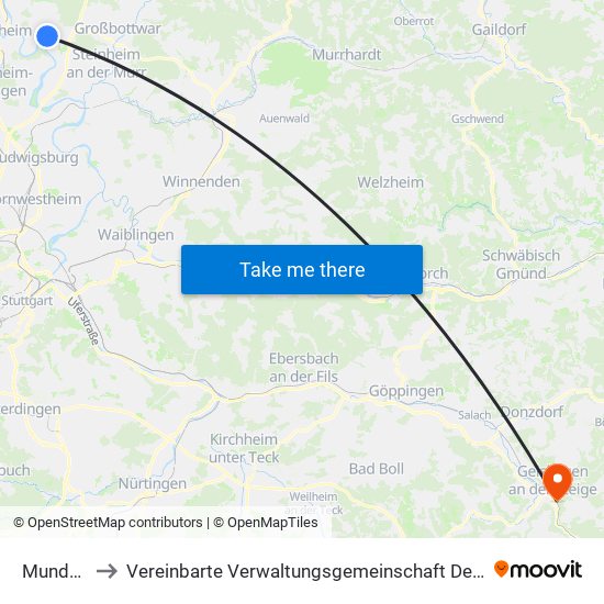 Mundelsheim to Vereinbarte Verwaltungsgemeinschaft Der Stadt Geislingen An Der Steige map