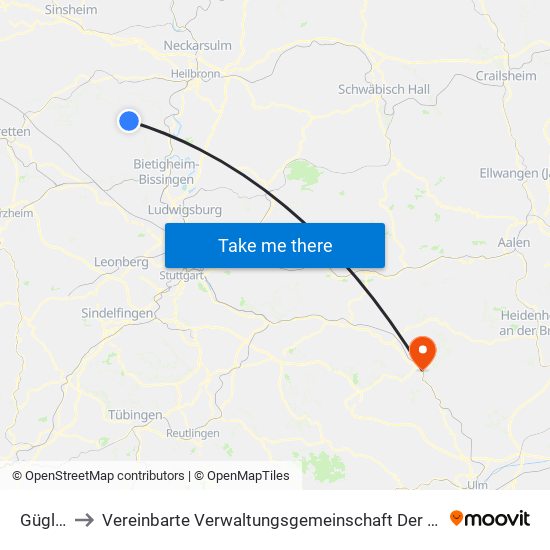Güglingen to Vereinbarte Verwaltungsgemeinschaft Der Stadt Geislingen An Der Steige map