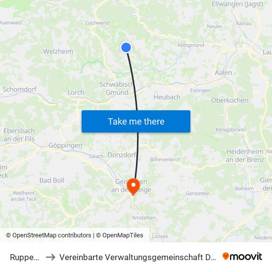 Ruppertshofen to Vereinbarte Verwaltungsgemeinschaft Der Stadt Geislingen An Der Steige map